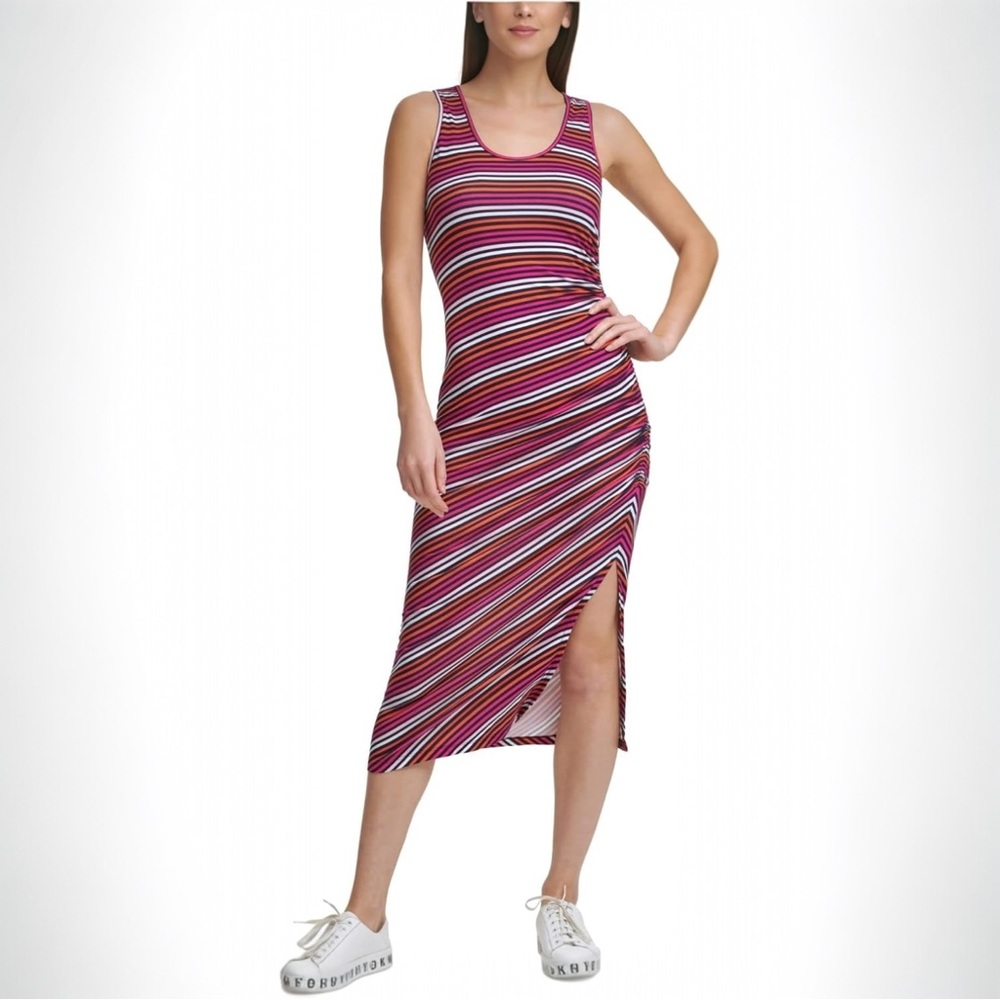 DKNY Vibrant Striped Jersey Tank Midi Cinched Side Dress NWT Sz M